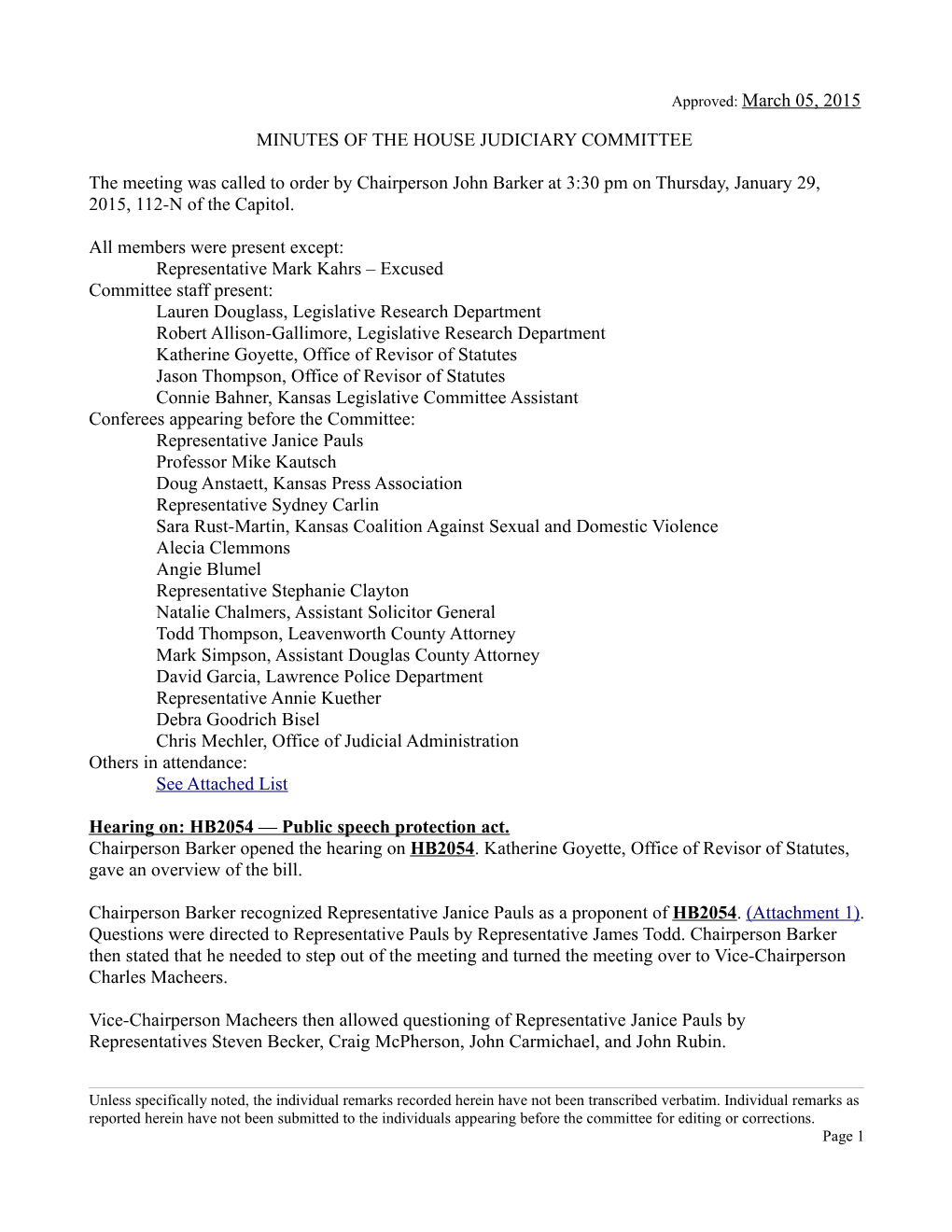 Approved: March 05, 2015 MINUTES of the HOUSE JUDICIARY