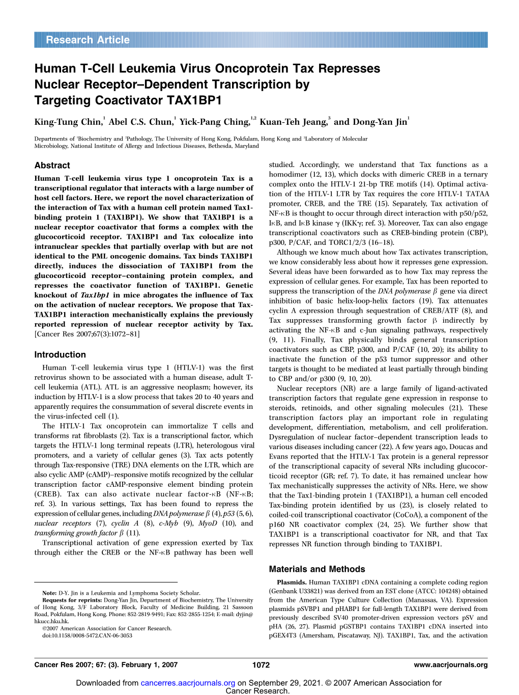 Human T-Cell Leukemia Virus Oncoprotein Tax Represses Nuclear Receptor–Dependent Transcription by Targeting Coactivator TAX1BP1