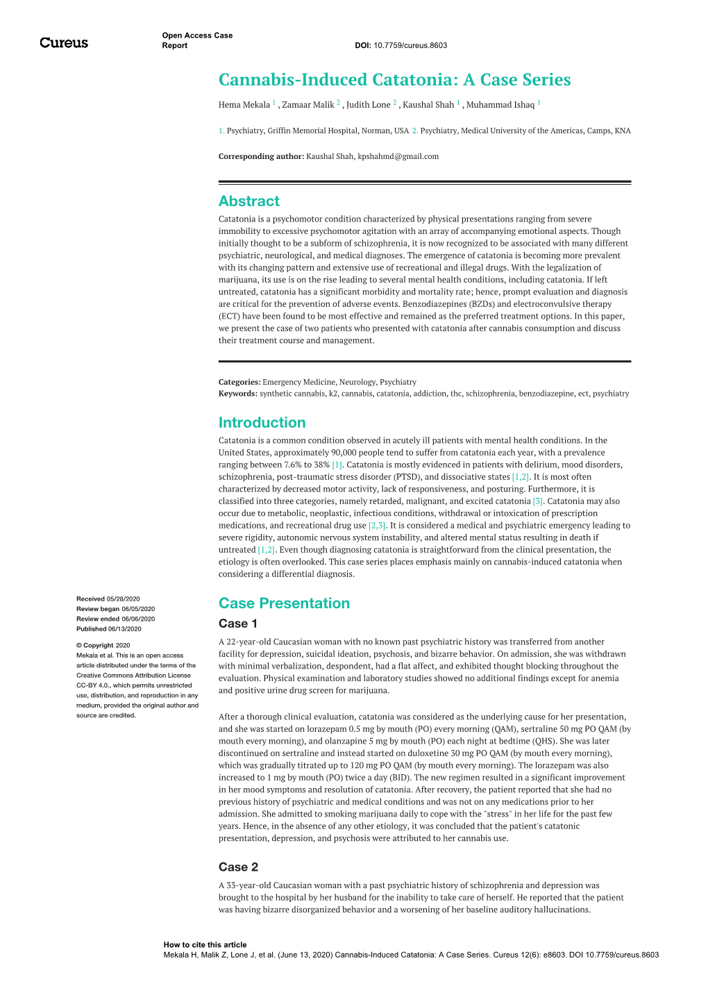 Cannabis-Induced Catatonia: a Case Series