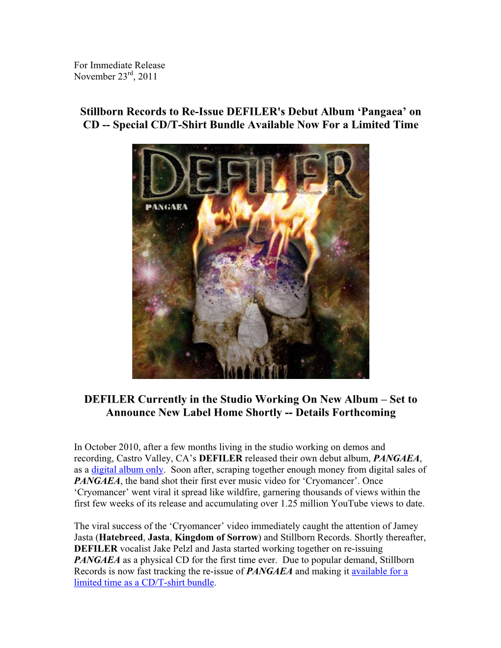 Stillborn Records to Re-Issue DEFILER's Debut Album 'Pangaea