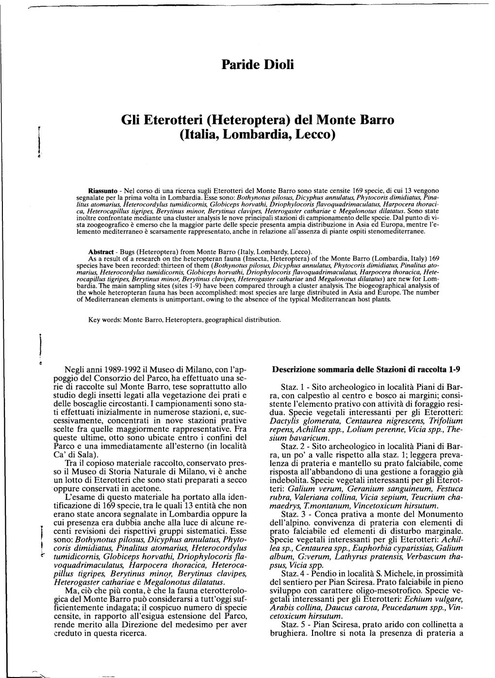 Paride Dioli Gli Eterotteri (Heteroptera) Del Monte Barro