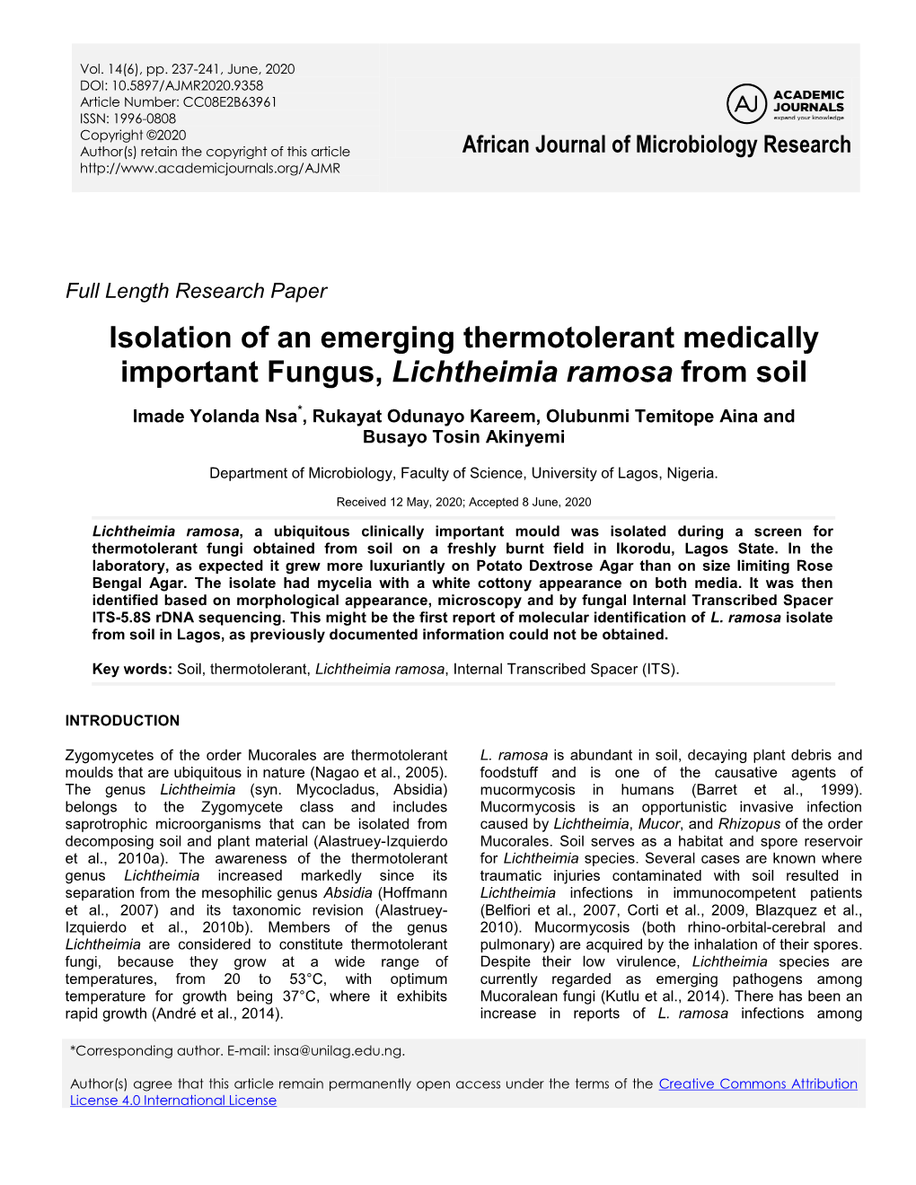 Isolation of an Emerging Thermotolerant Medically Important Fungus, Lichtheimia Ramosa from Soil