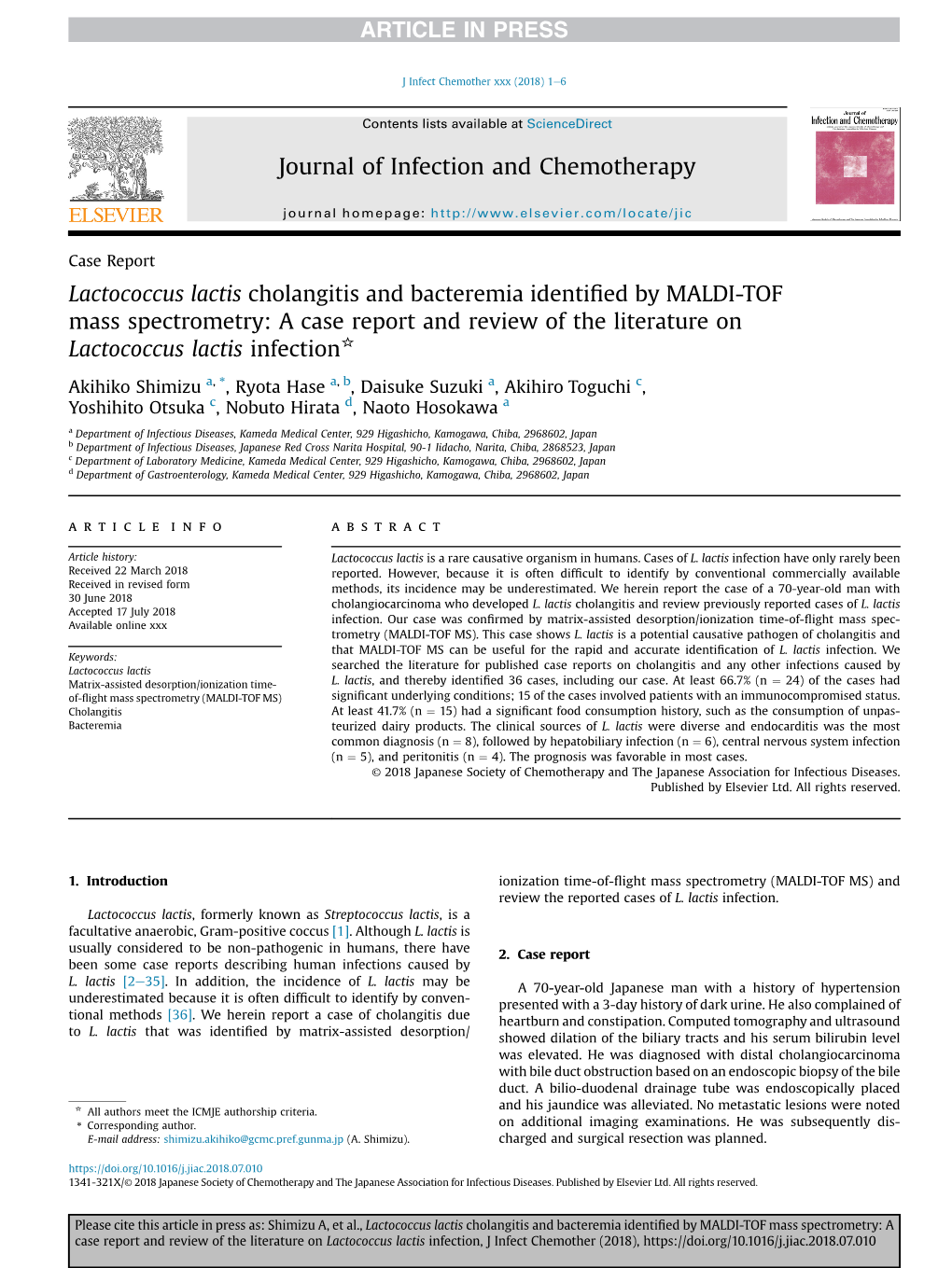 Lactococcus Lactis Cholangitis and Bacteremia Identified by MALDI-TOF Mass Spectrometry