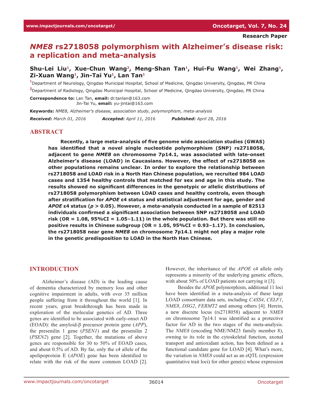 NME8 Rs2718058 Polymorphism with Alzheimer's Disease Risk