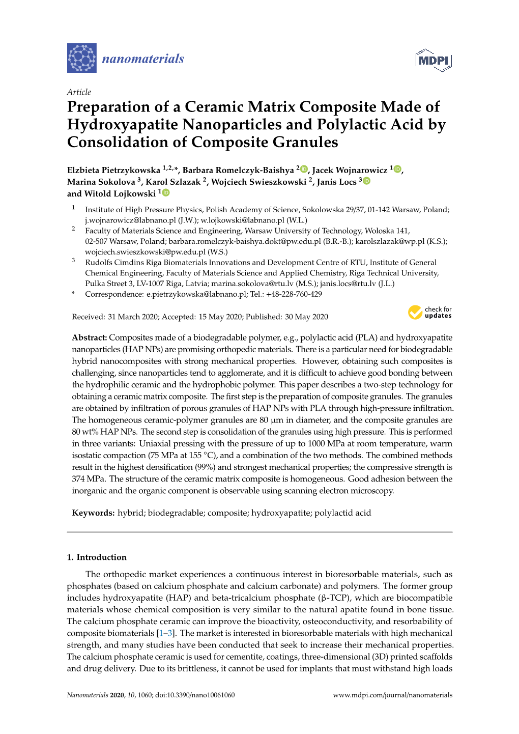 Preparation of a Ceramic Matrix Composite Made of Hydroxyapatite Nanoparticles and Polylactic Acid by Consolidation of Composite Granules