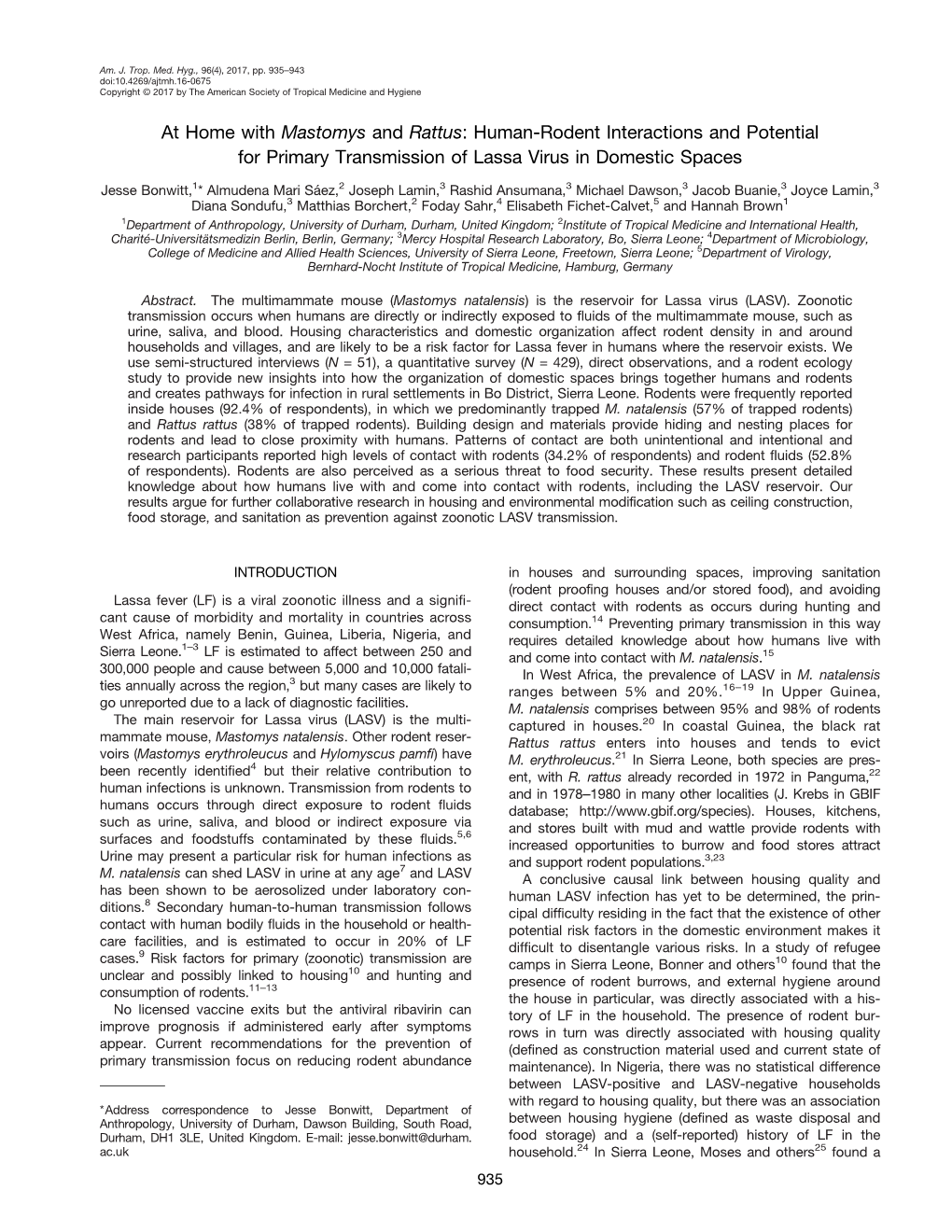 At Home with Mastomys and Rattus: Human-Rodent Interactions and Potential for Primary Transmission of Lassa Virus in Domestic Spaces