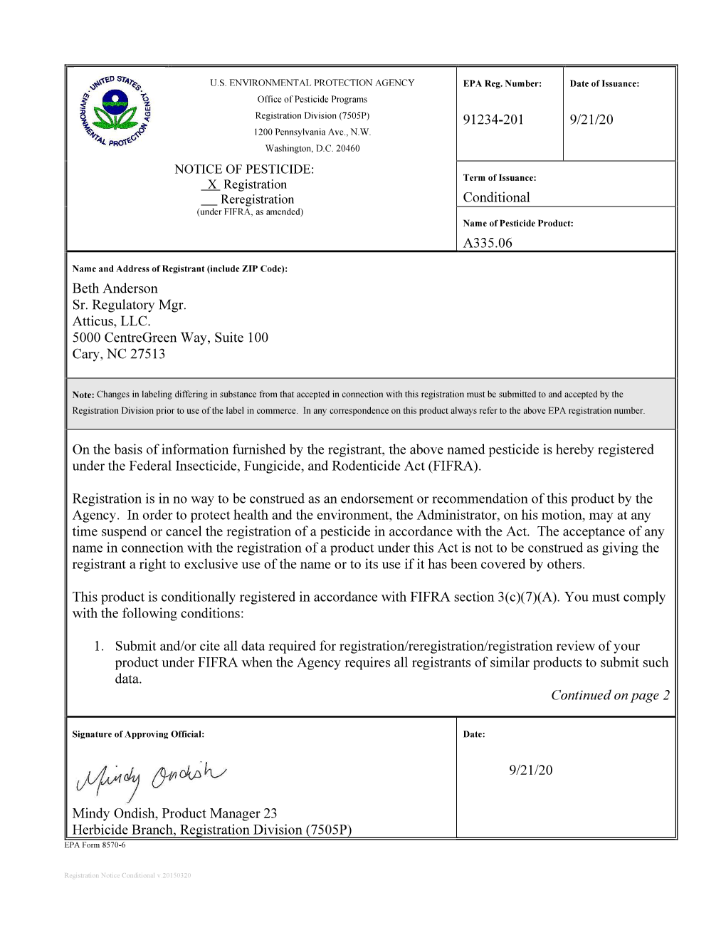 US EPA, Pesticide Product Label, A335.06,09/21/2020