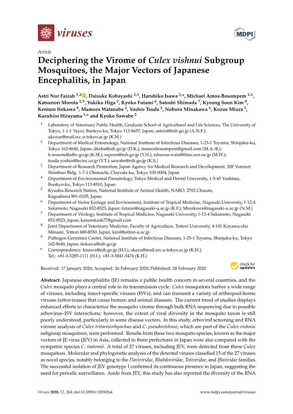 Deciphering the Virome of Culex Vishnui Subgroup Mosquitoes, the Major Vectors of Japanese Encephalitis, in Japan