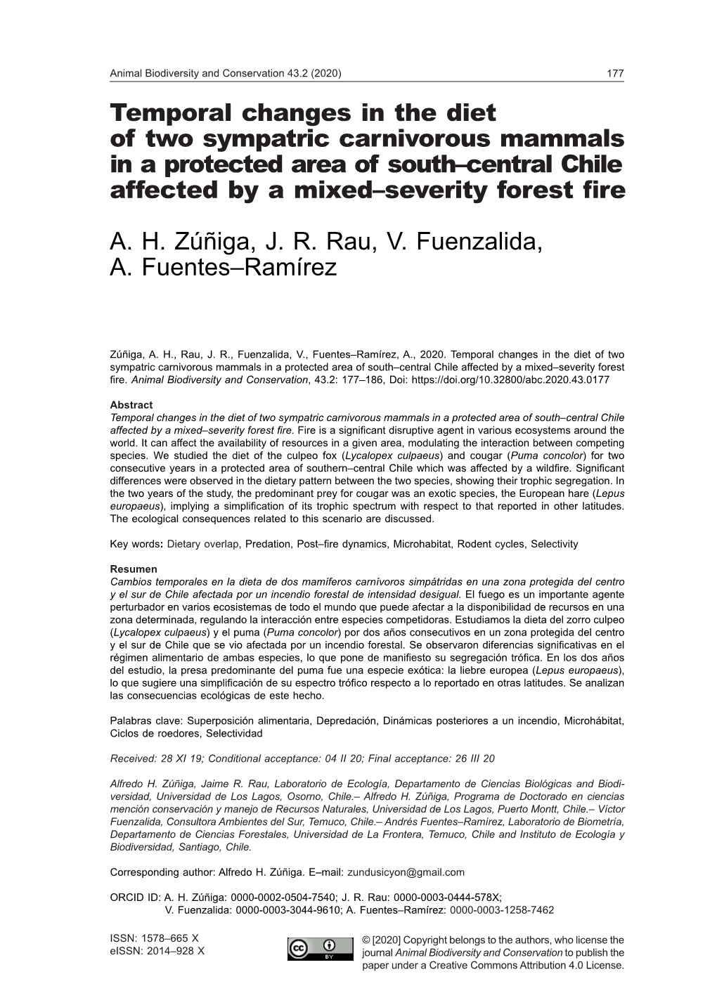 Temporal Changes in the Diet of Two Sympatric Carnivorous Mammals in a Protected Area of South–Central Chile Affected by a Mixed–Severity Forest Fire