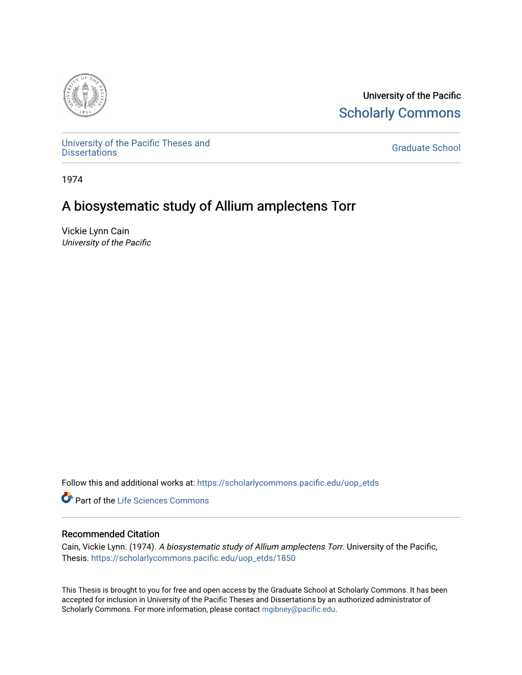 A Biosystematic Study of Allium Amplectens Torr