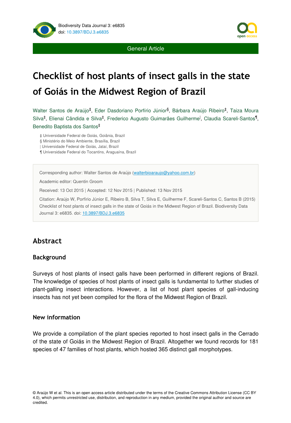 Checklist of Host Plants of Insect Galls in the State of Goiás in the Midwest Region of Brazil