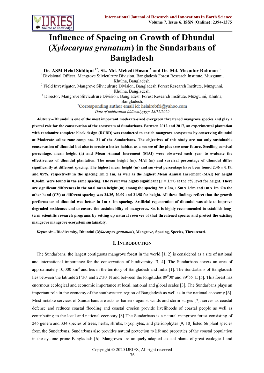 Influence of Spacing on Growth of Dhundul (Xylocarpus Granatum) in the Sundarbans of Bangladesh