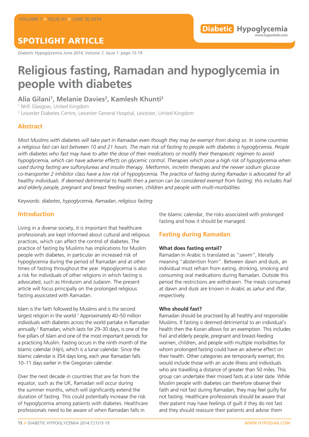 Religious Fasting, Ramadan and Hypoglycemia in People with Diabetes