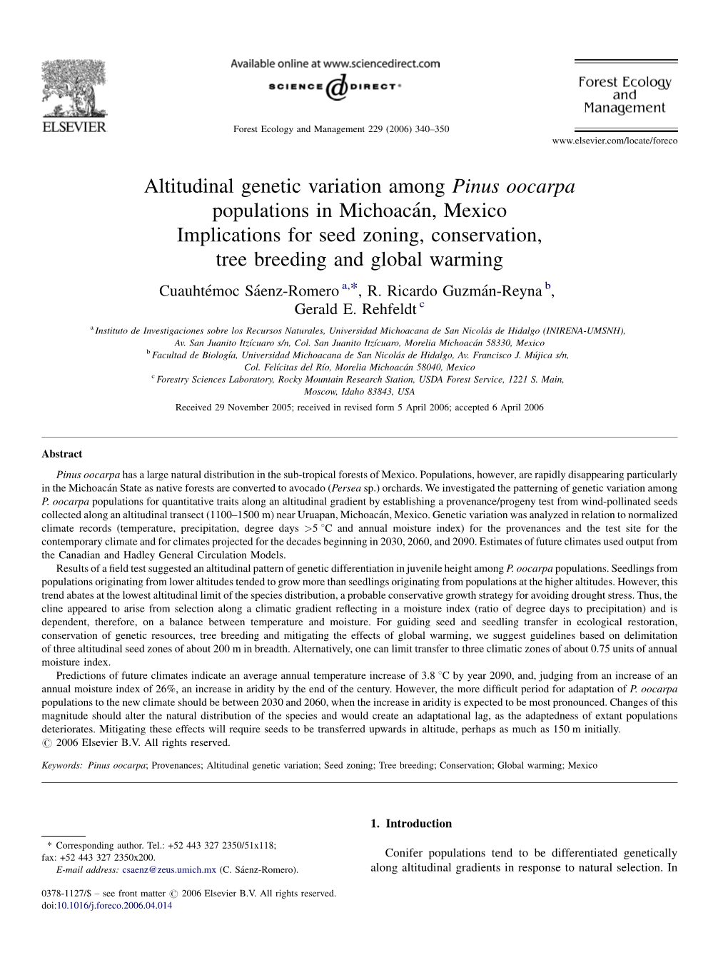 Altitudinal Genetic Variation Among Pinus Oocarpa Populations In