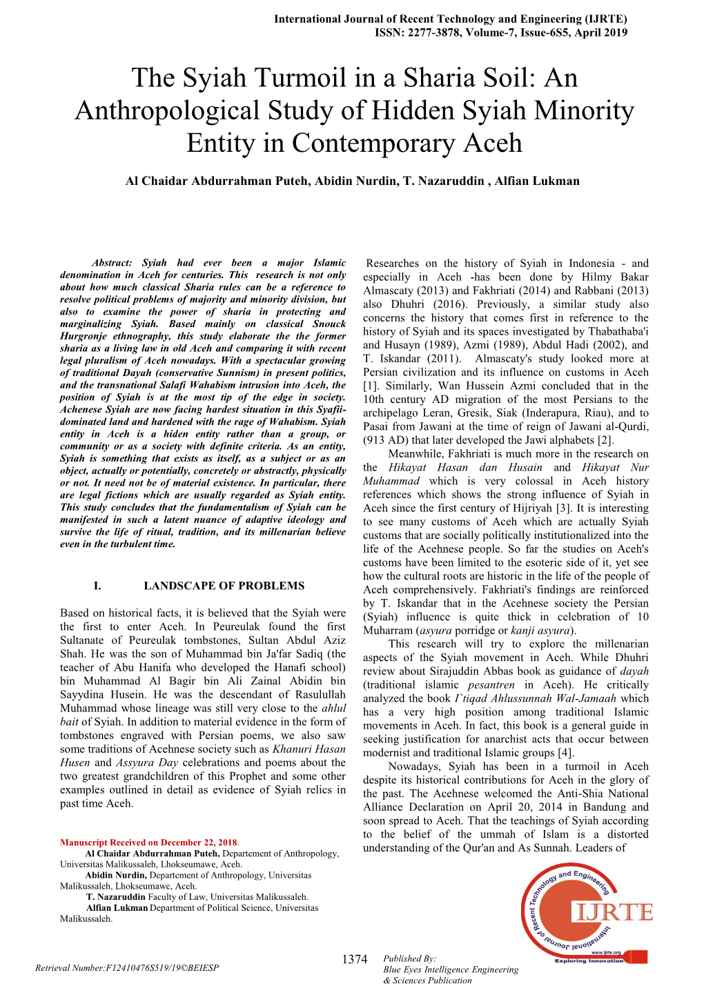 The Syiah Turmoil in a Sharia Soil: an Anthropological Study of Hidden Syiah Minority Entity in Contemporary Aceh