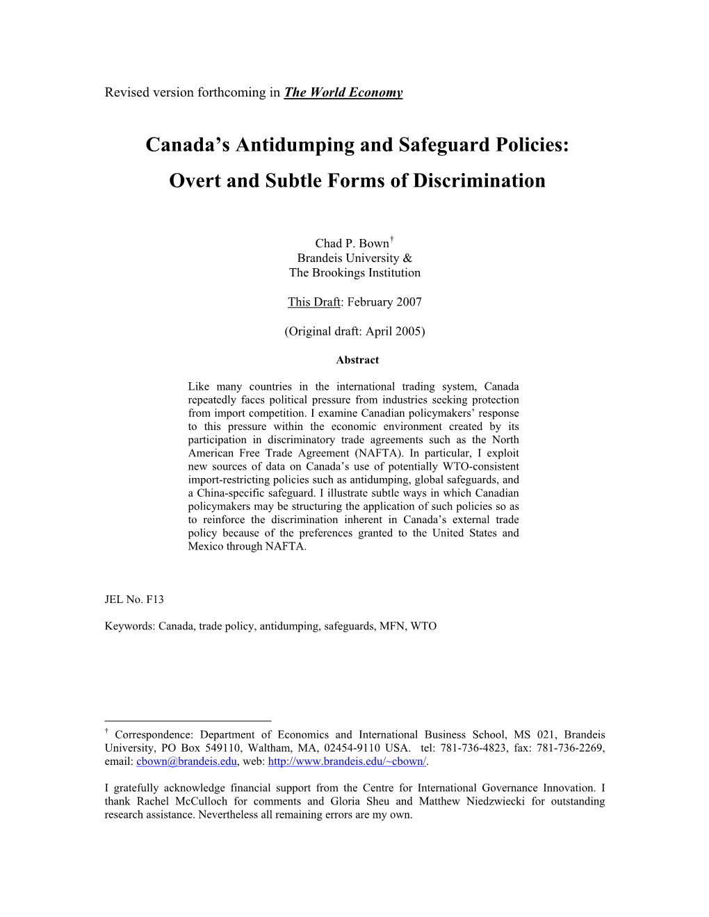 Canada's Antidumping and Safeguard Policies: Overt and Subtle Forms Of