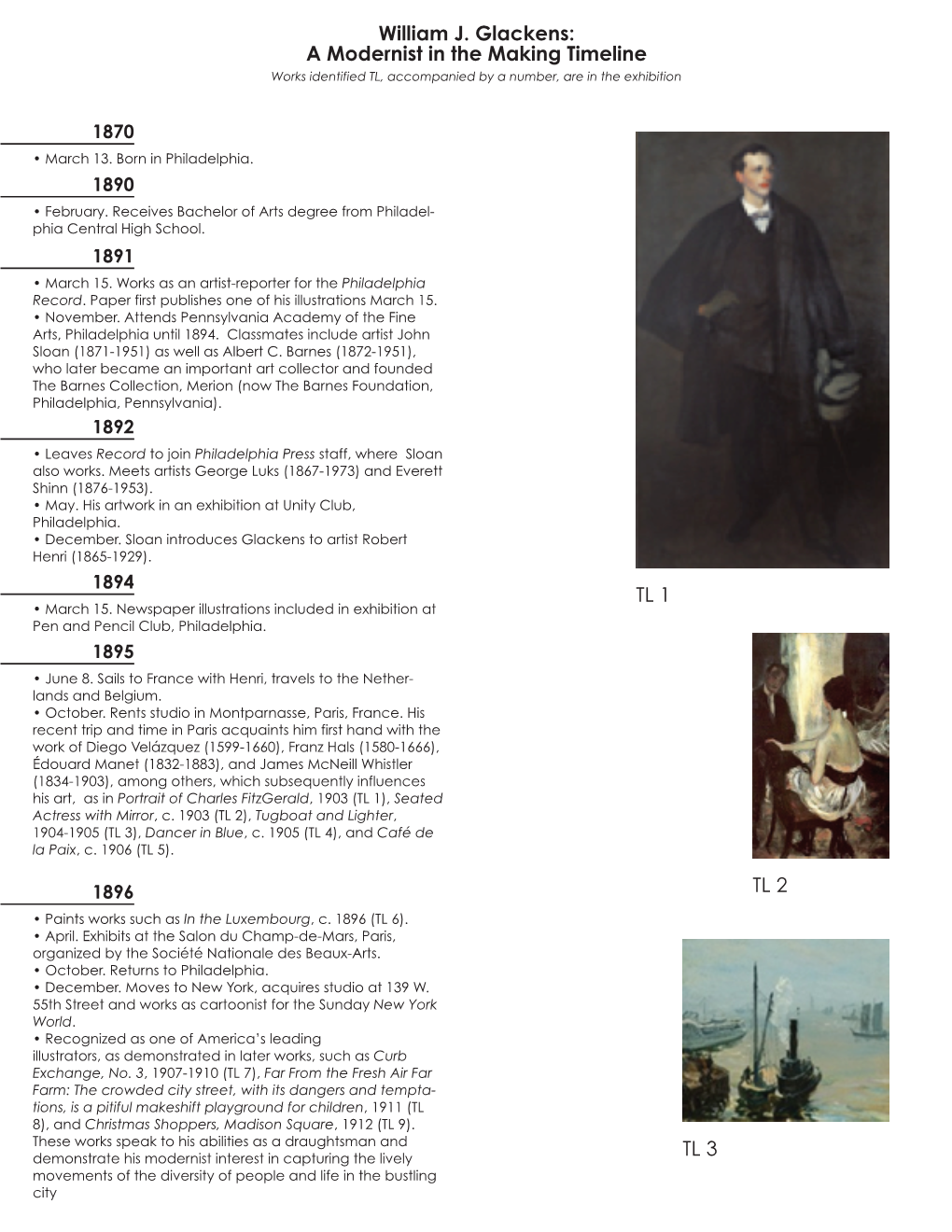 William J. Glackens: a Modernist in the Making Timeline Works Identified TL, Accompanied by a Number, Are in the Exhibition