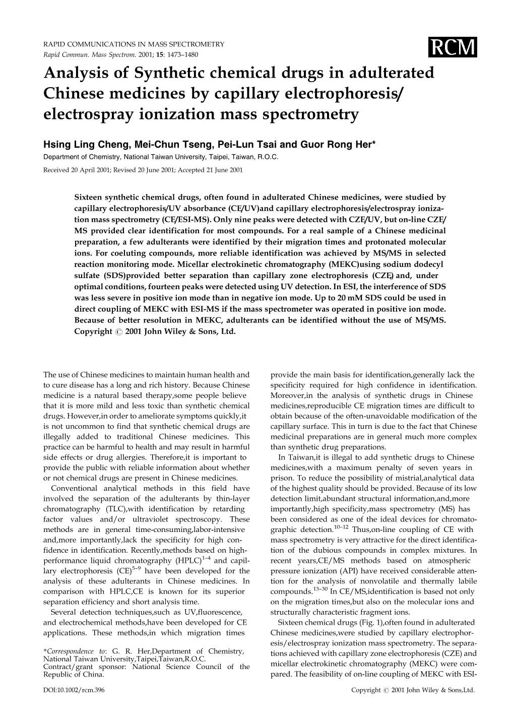 Analysis of Synthetic Chemical Drugs in Adulterated Chinese Medicines by Capillary Electrophoresis/ Electrospray Ionization Mass Spectrometry