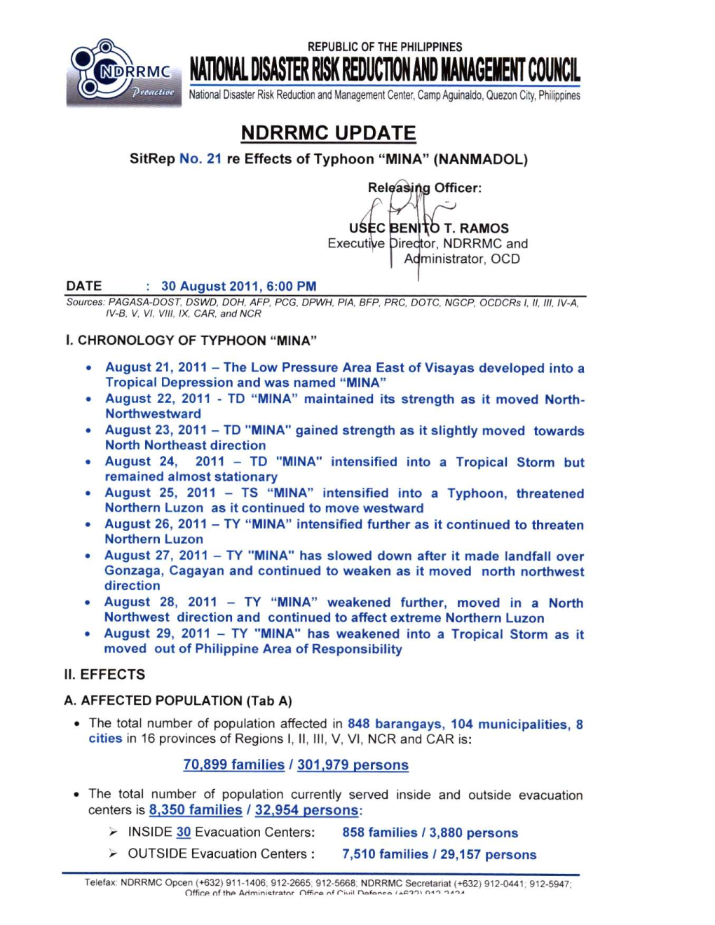 NDRRMC Update Sitrep No. 21 Re Effects of TY MINA 30 August 2011