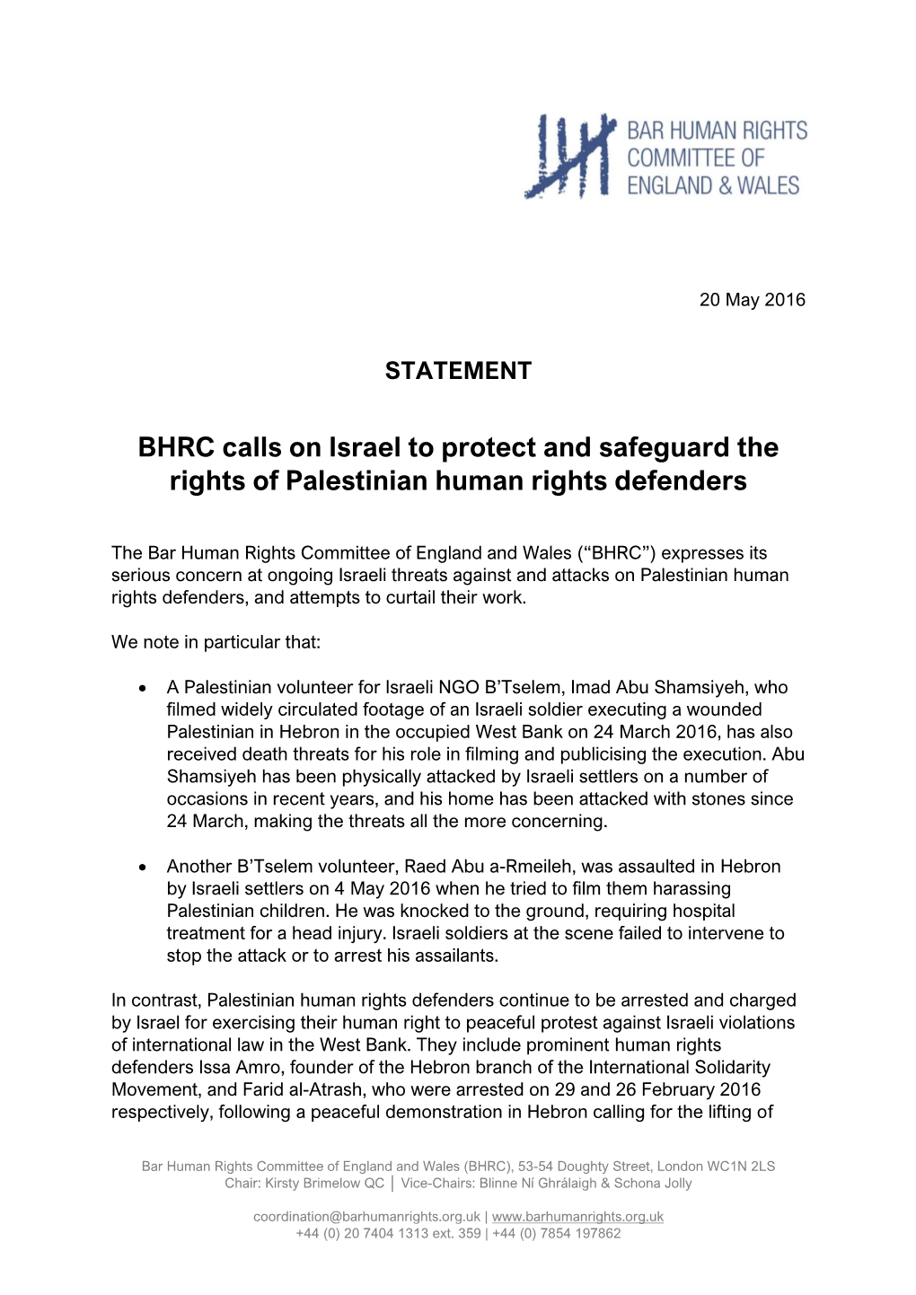 BHRC Calls on Israel to Protect and Safeguard the Rights of Palestinian Human Rights Defenders