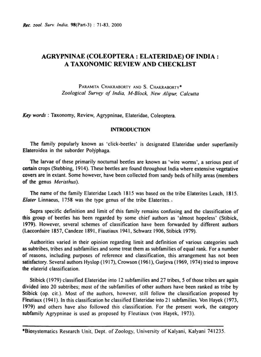 Coleoptera: Elateridae) of India: a Taxonomic Review and Checklist