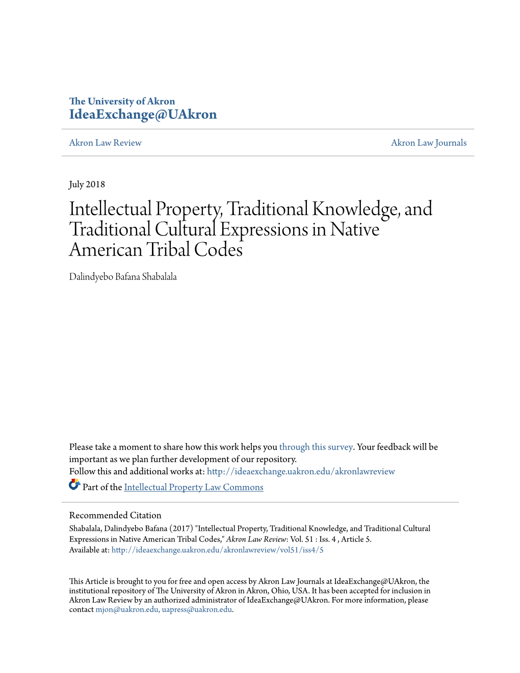 Intellectual Property, Traditional Knowledge, and Traditional Cultural Expressions in Native American Tribal Codes Dalindyebo Bafana Shabalala