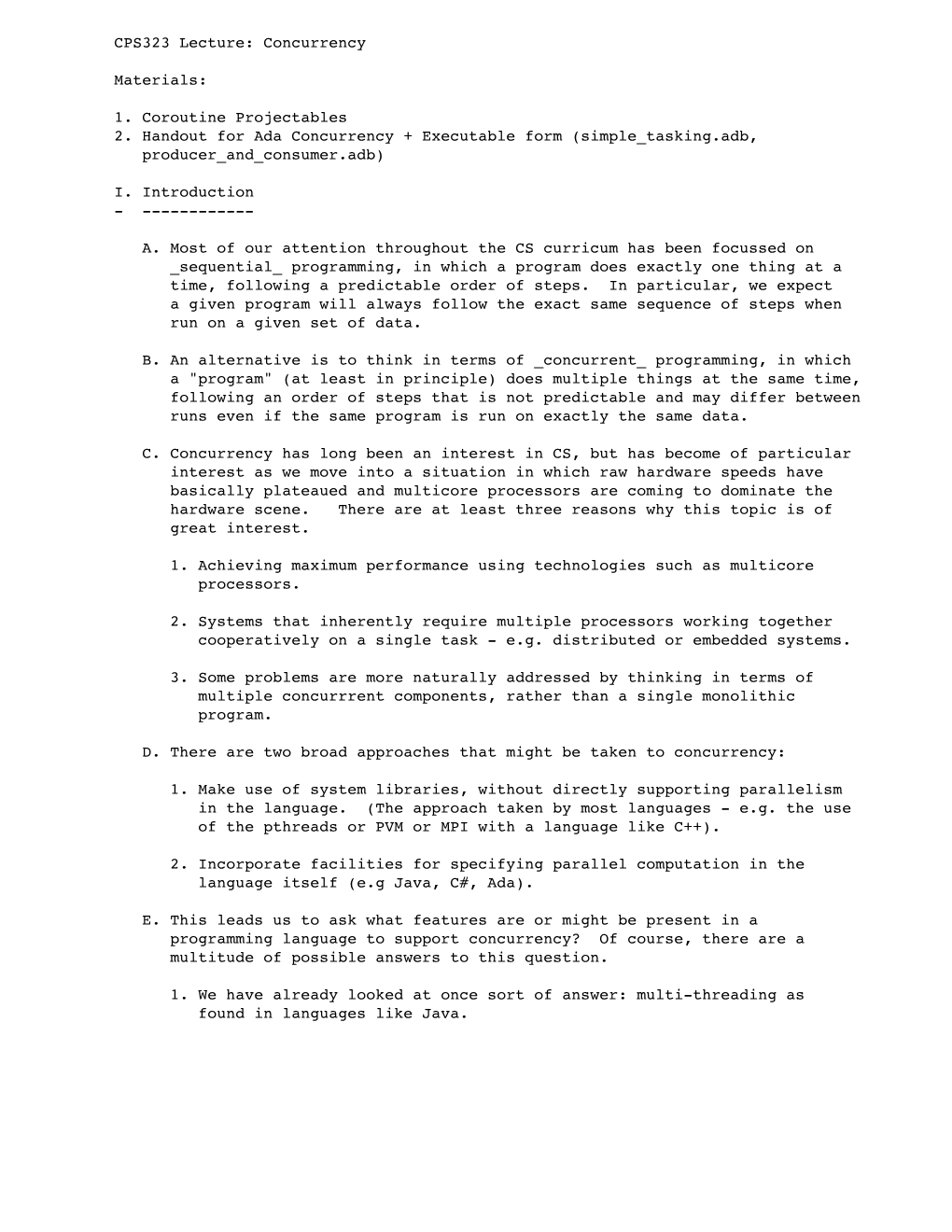 CPS323 Lecture: Concurrency Materials: 1. Coroutine Projectables