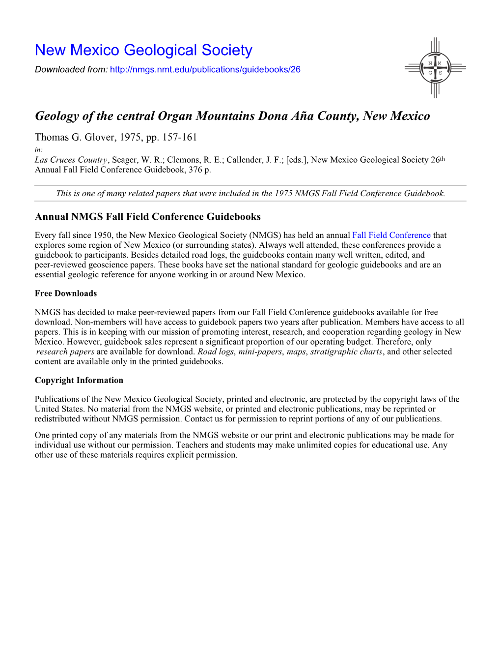 Geology of the Central Organ Mountains Dona Aña County, New Mexico Thomas G