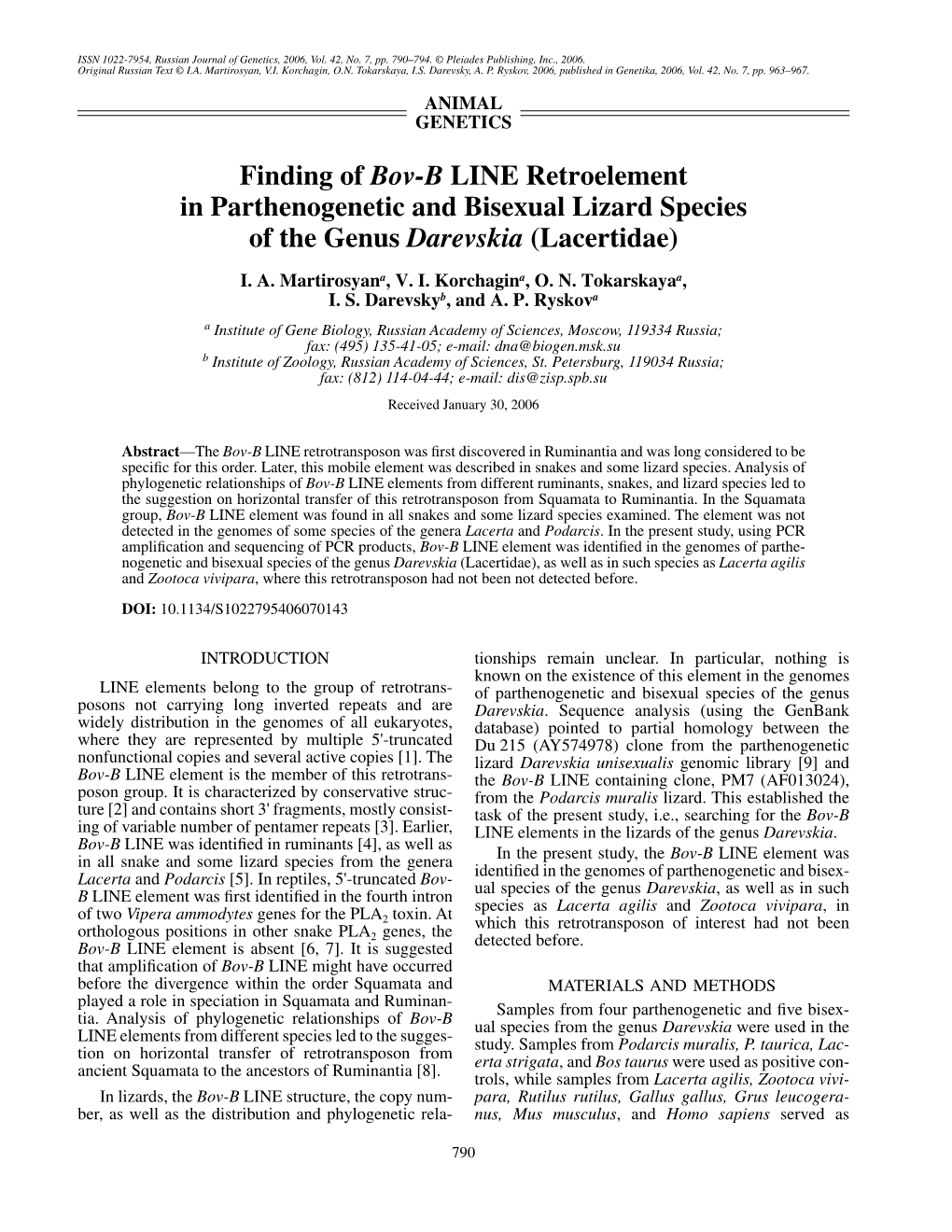 Finding of Bov-B LINE Retroelement in Parthenogenetic and Bisexual Lizard Species of the Genus Darevskia (Lacertidae)