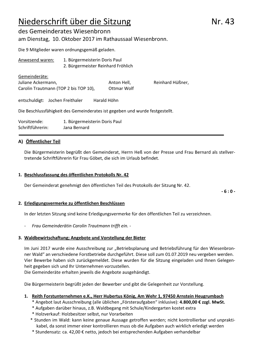 Niederschrift Über Die Sitzung Nr. 43 Des Gemeinderates Wiesenbronn Am Dienstag, 10