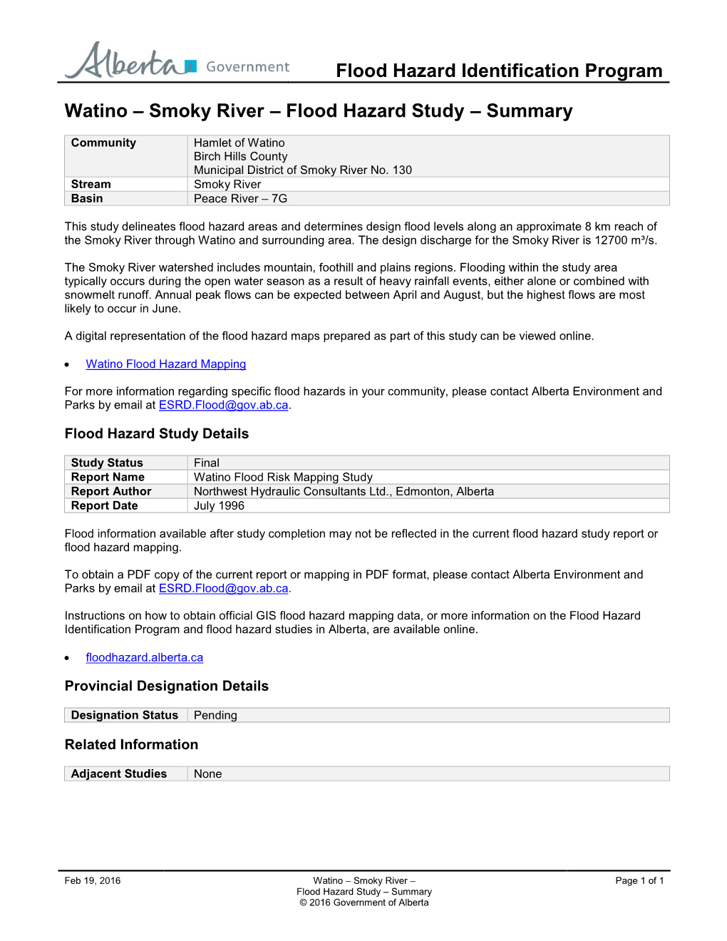 Watino – Smoky River – Flood Hazard Study – Summary