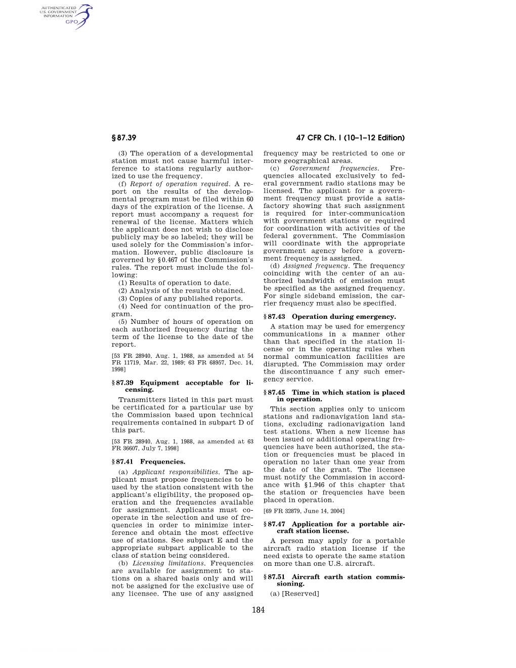 47 CFR Ch. I (10–1–12 Edition) § 87.39