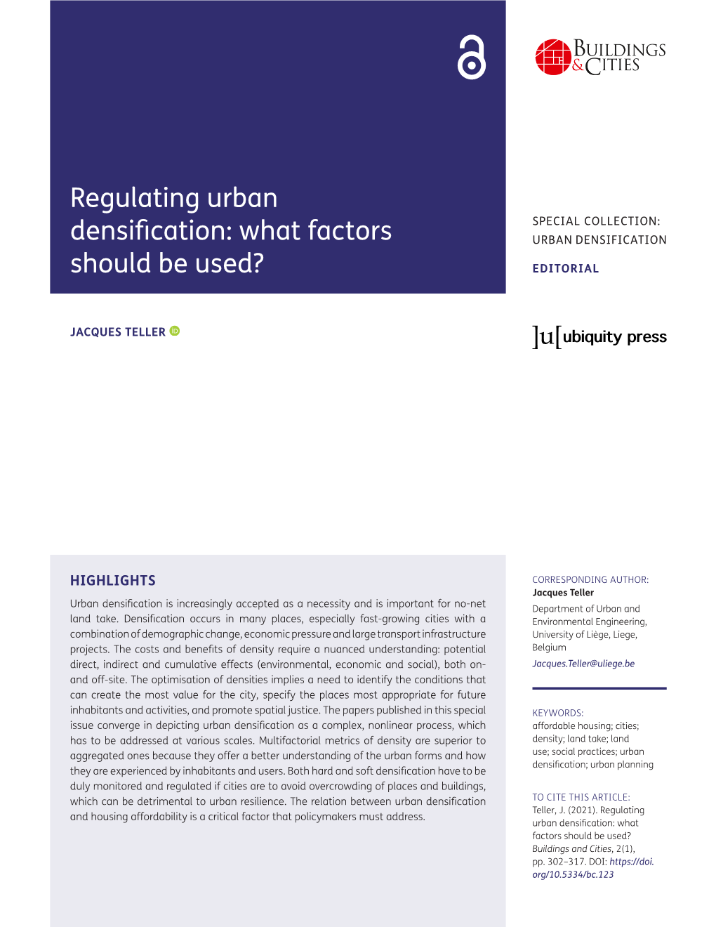 Regulating Urban Densification: What Factors Should Be Used? Buildings and Cities, 2(1), Pp