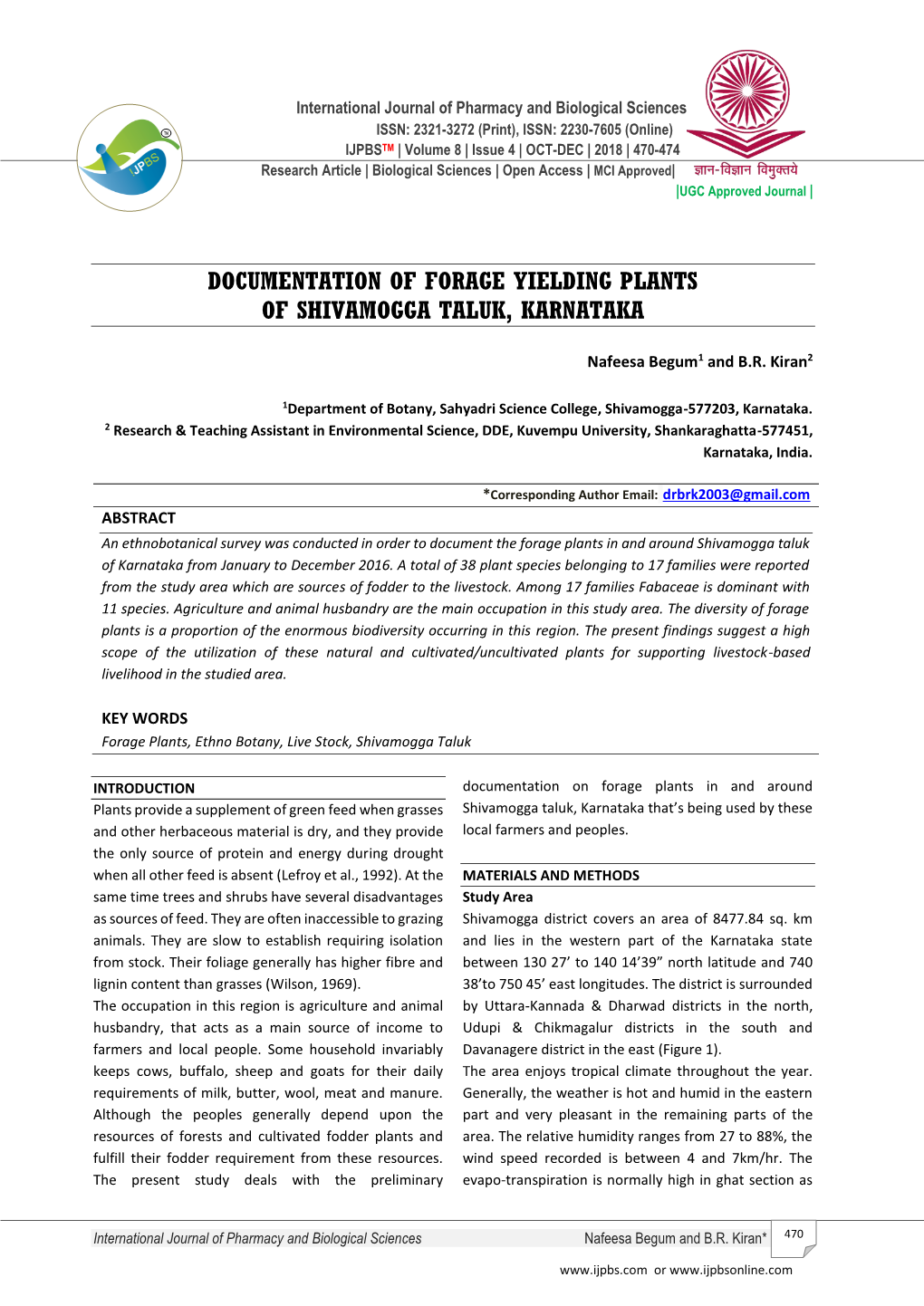 Documentation of Forage Yielding Plants of Shivamogga Taluk, Karnataka