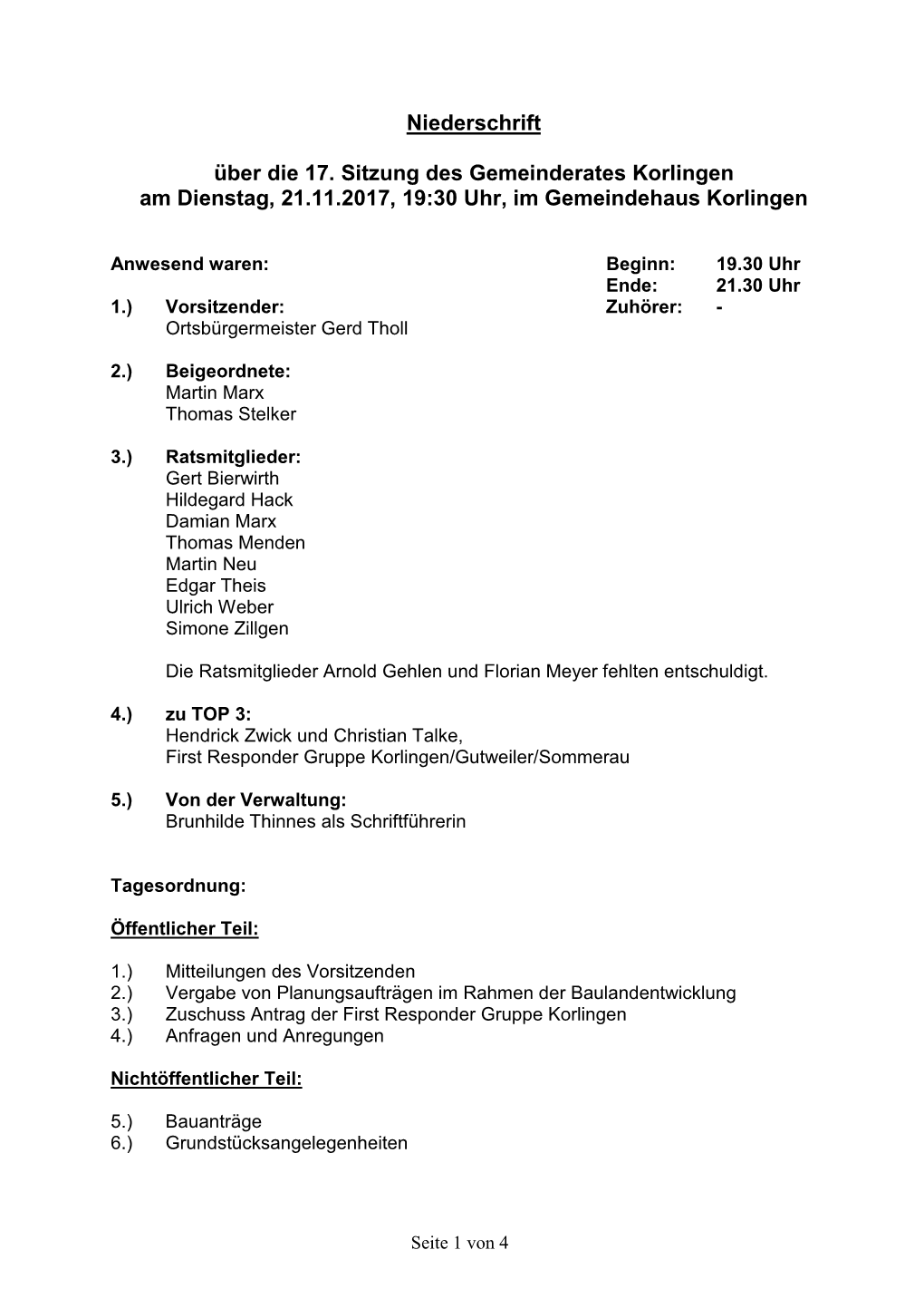 Niederschrift Über Die 17. Sitzung Des Gemeinderates Korlingen Am