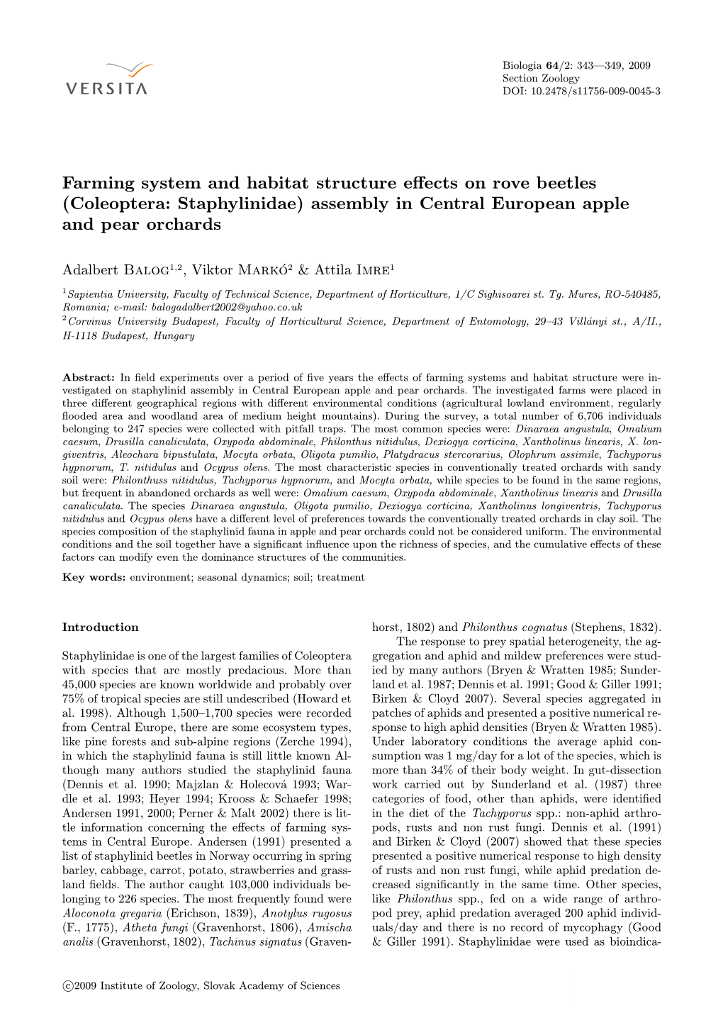 Farming System and Habitat Structure Effects on Rove Beetles (Coleoptera: Staphylinidae) Assembly in Central European Apple