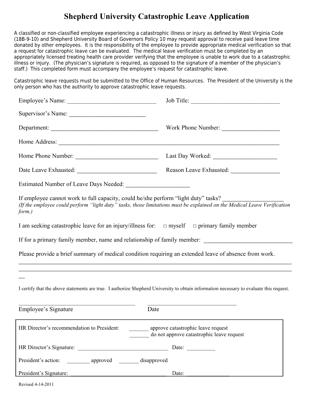 Shepherd University Catastrophic Leave Application