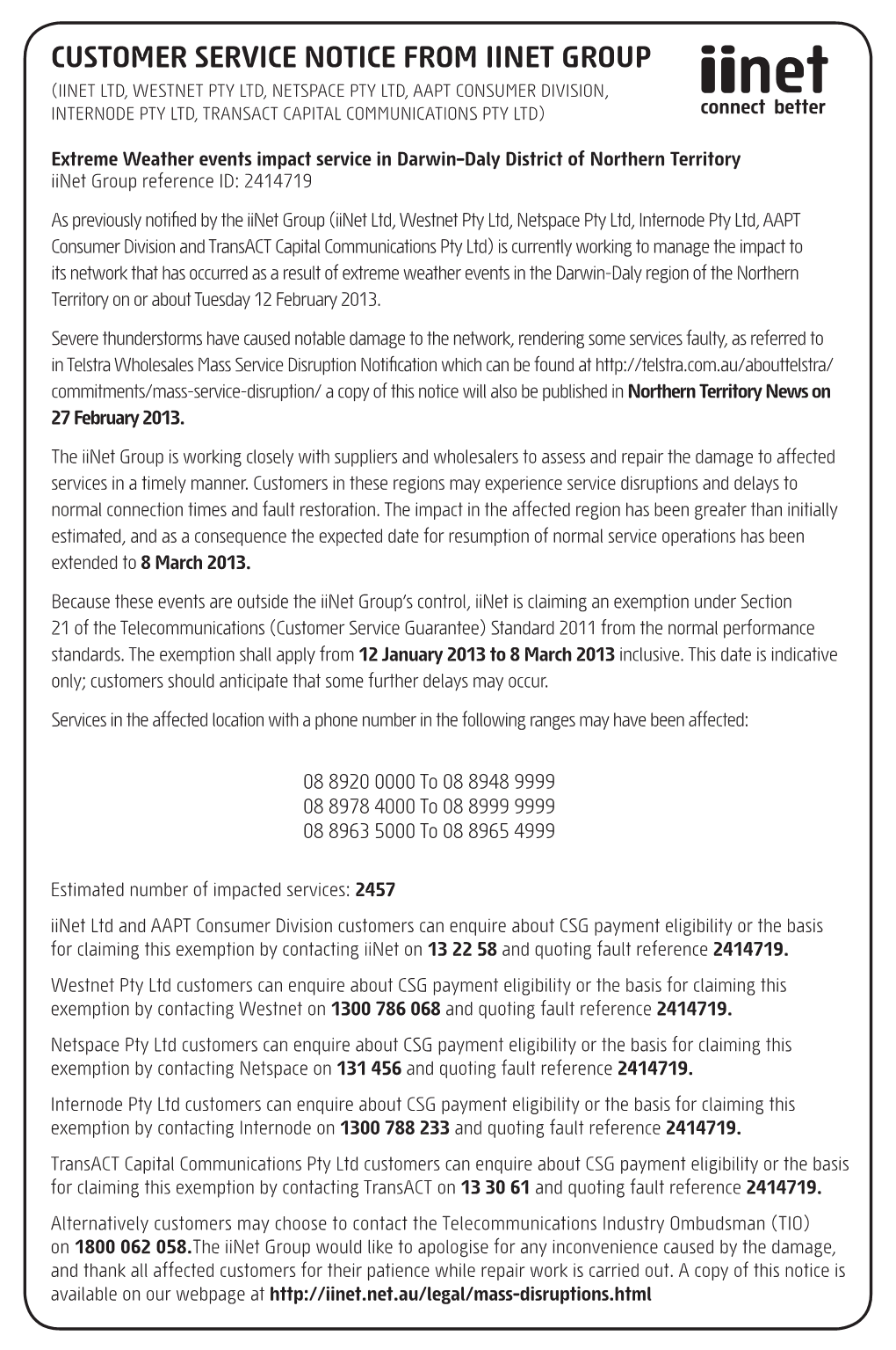 Customer Service Notice from Iinet Group