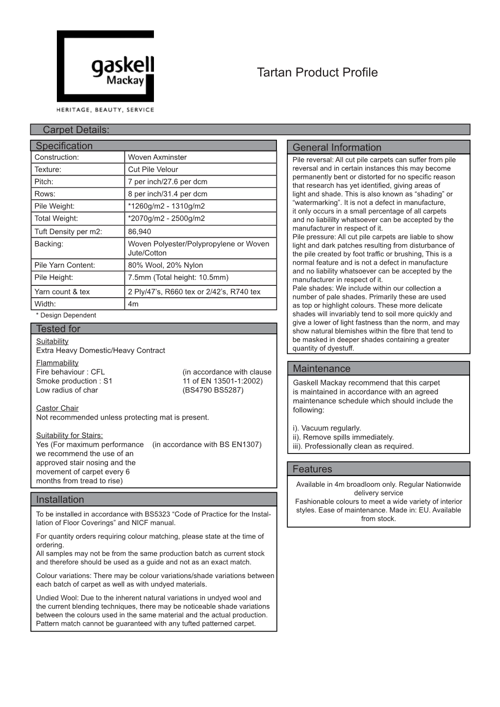 Tartan Collection Carpet Specification