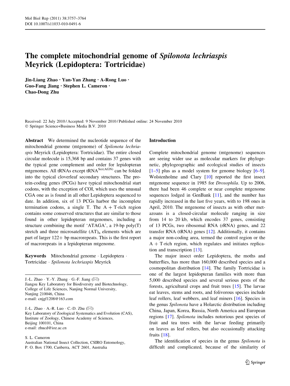 The Complete Mitochondrial Genome of Spilonota Lechriaspis Meyrick (Lepidoptera: Tortricidae)