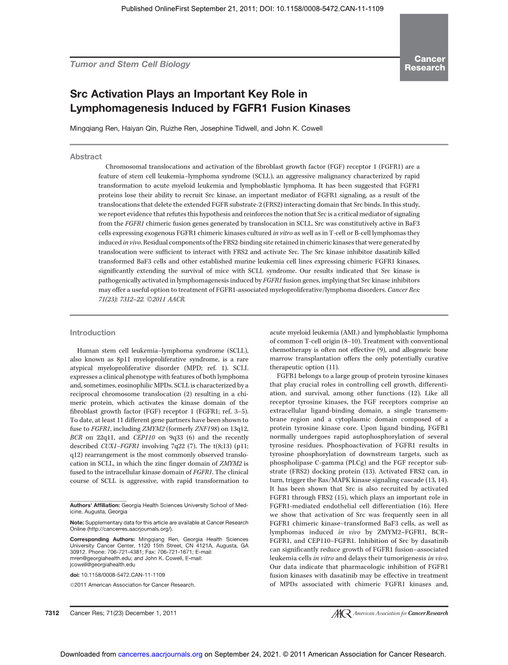 Src Activation Plays an Important Key Role in Lymphomagenesis Induced by FGFR1 Fusion Kinases