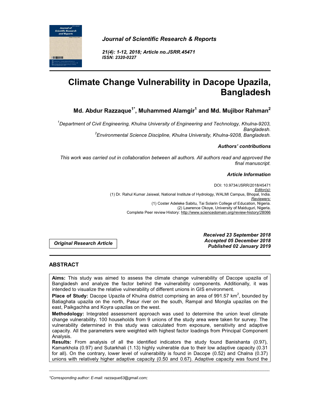 Climate Change Vulnerability in Dacope Upazila, Bangladesh