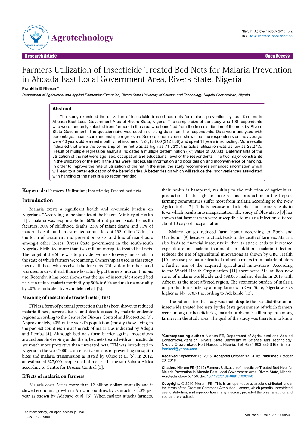 Farmers Utilization of Insecticide Treated Bed Nets for Malaria