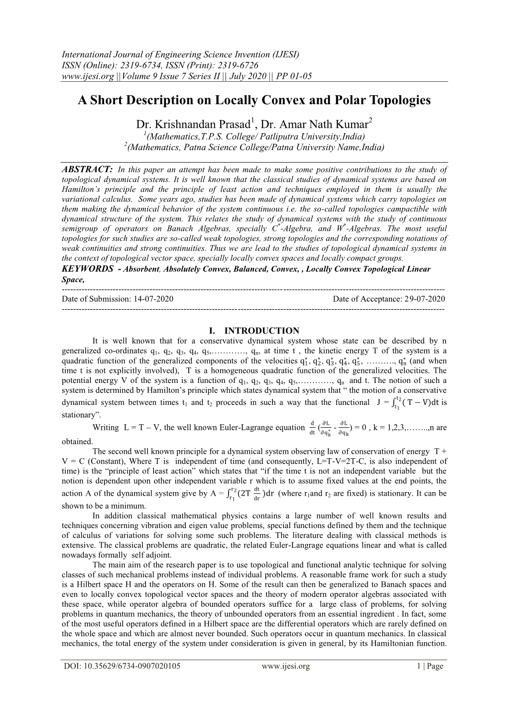 A Short Description on Locally Convex and Polar Topologies