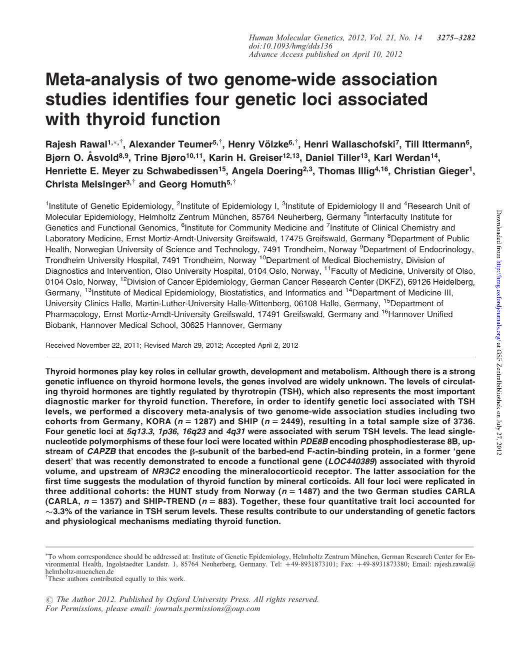 Meta-Analysis of Two Genome-Wide Association Studies Identifies Four Genetic Loci Associated with Thyroid Function