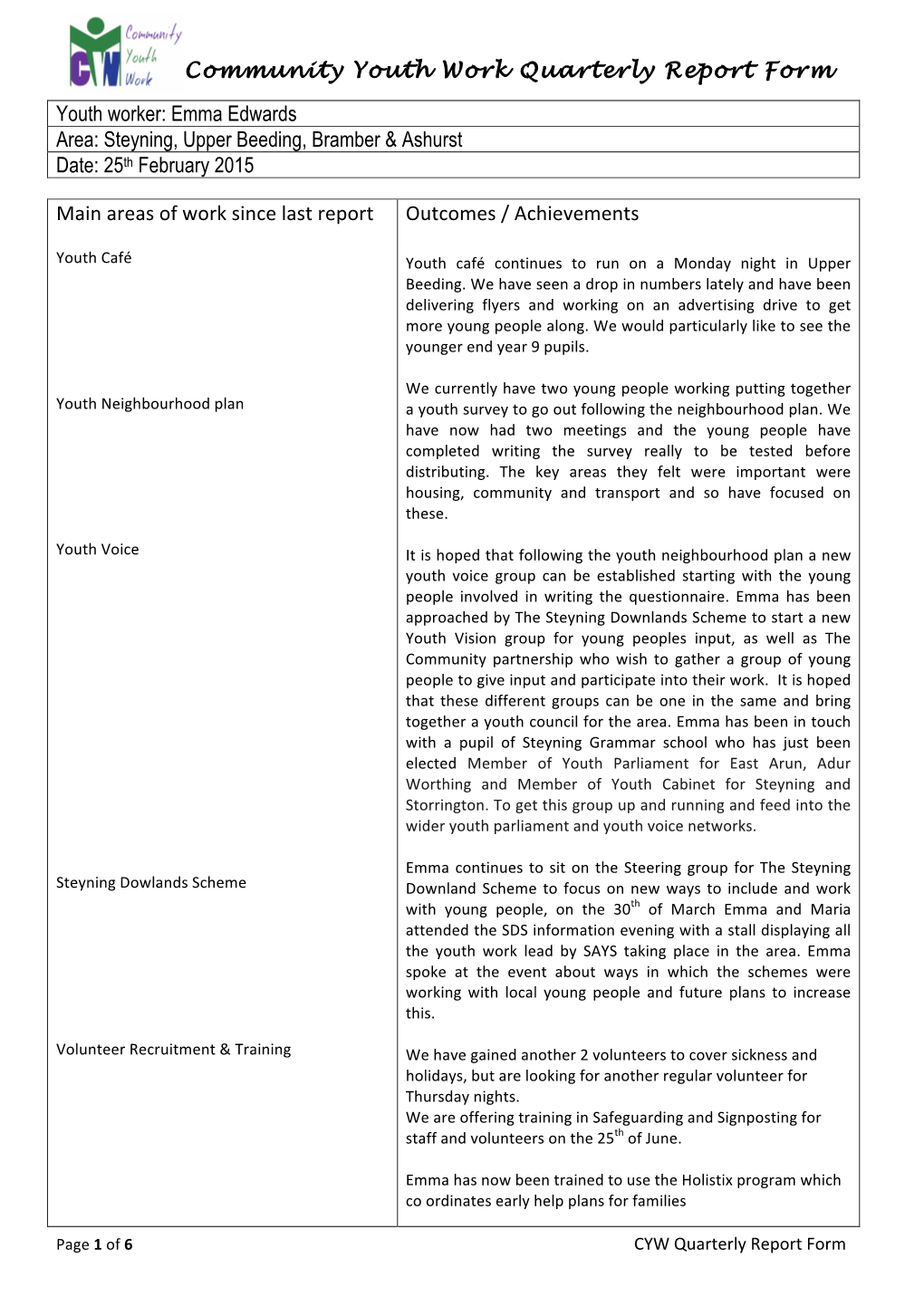 Community Youth Work Quarterly Report Form Youth Worker: Emma Edwards Area: Steyning, Upper Beeding, Bramber & Ashurst Date: 25Th February 2015