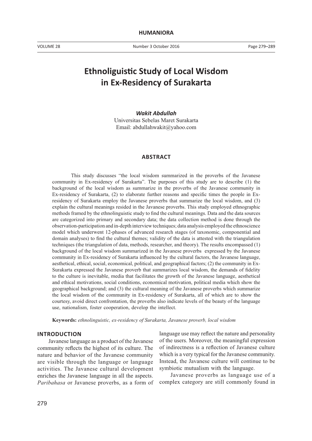 Ethnoliguistic Study of Local Wisdom in Ex-Residency of Surakarta