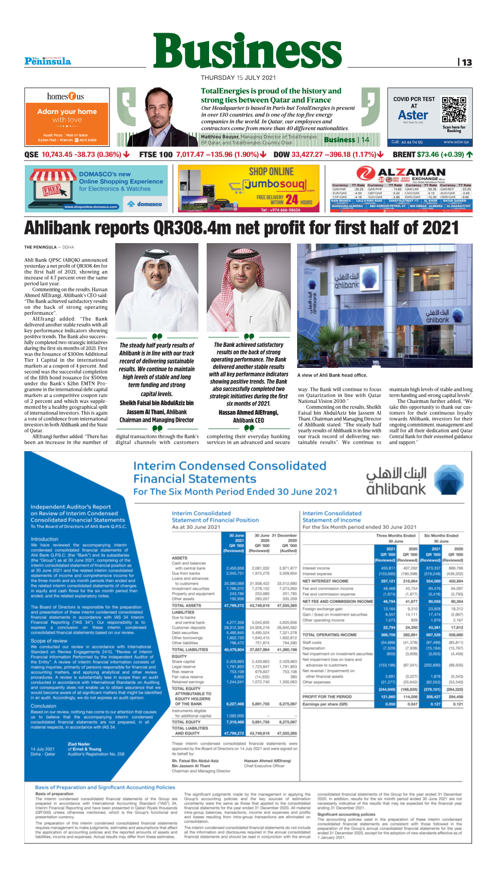 Ahlibank Reports QR308.4M Net Profit for First Half of 2021