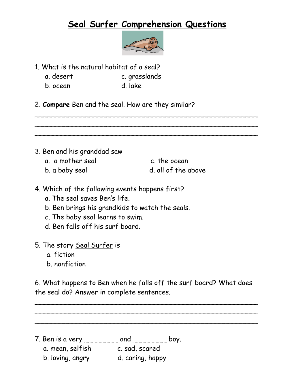 Seal Surfer Comprehension Questions