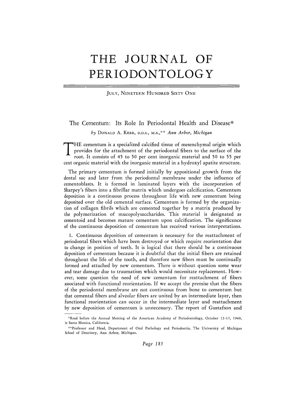 The Cementum: Its Role in Periodontal Health and Disease*